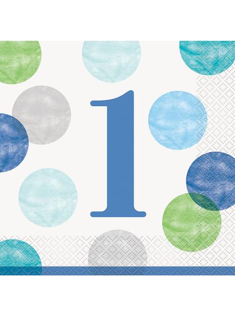 16 servilletas de primer cumpleaños azules (33x33cm) - Blue Dots 1st Birthday