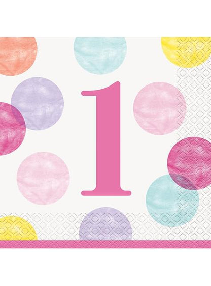 16 servilletas de primer cumpleaños rosas (33x33cm) - Pink Dots 1st Birthday - Unique | Funidelia