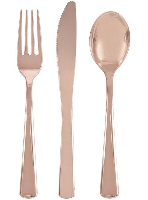18 cubiertos oro rosa de plástico - Línea colores Básicos