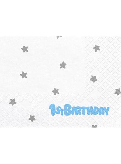 20 servilletas blancas con estrellas plateadas “1St Birthday“ de pape (33x33 cm) - Blue 1st Birthday