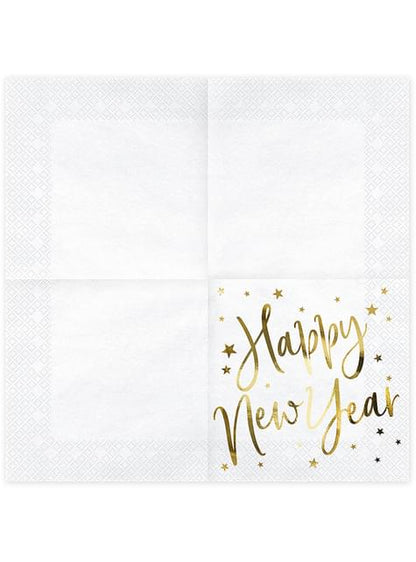 20 servilletas Fin de Año Happy New Year blancas y doradas (33 x 33 cm) - Jolly New Year