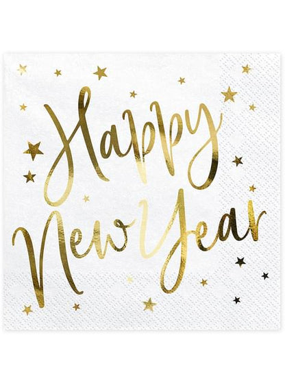 20 servilletas Fin de Año Happy New Year blancas y doradas (33 x 33 cm) - Jolly New Year