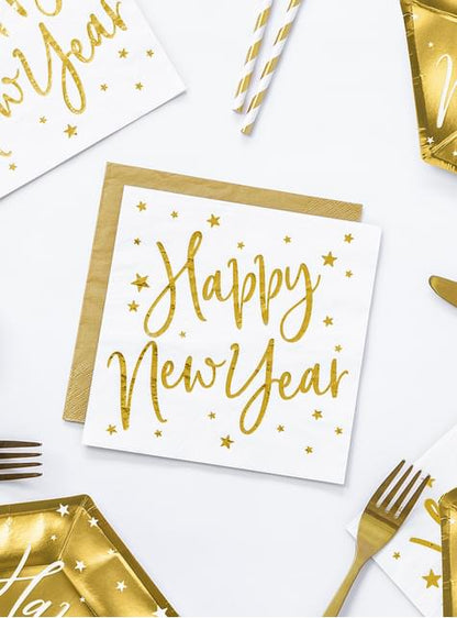 20 servilletas Fin de Año Happy New Year blancas y doradas (33 x 33 cm) - Jolly New Year