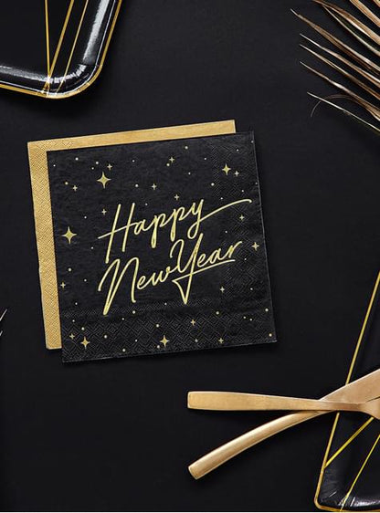20 servilletas Fin de Año Happy New Year negras y doradas (33 x 33 cm) - New Year’s Eve Collection