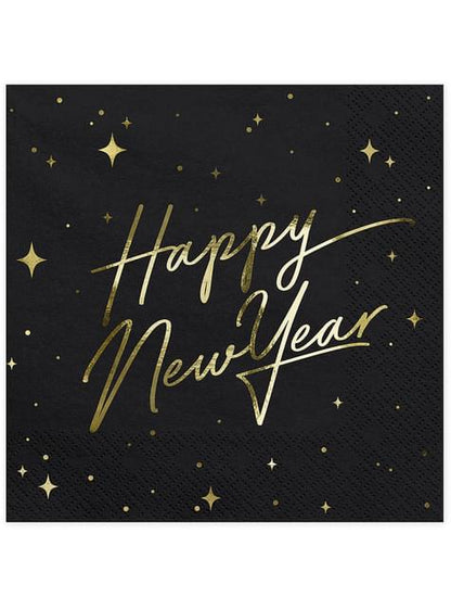 20 servilletas Fin de Año Happy New Year negras y doradas (33 x 33 cm) - New Year’s Eve Collection
