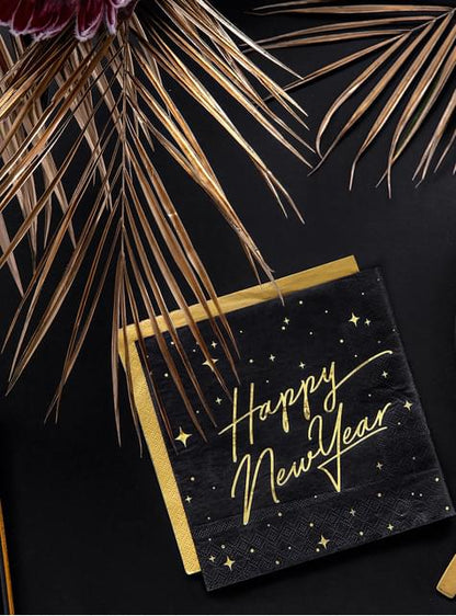20 servilletas Fin de Año Happy New Year negras y doradas (33 x 33 cm) - New Year’s Eve Collection