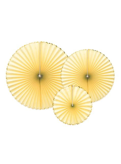 3 abanicos de papel decorativos amarillos con borde dorado - Yummy - Partydeco | Funidelia