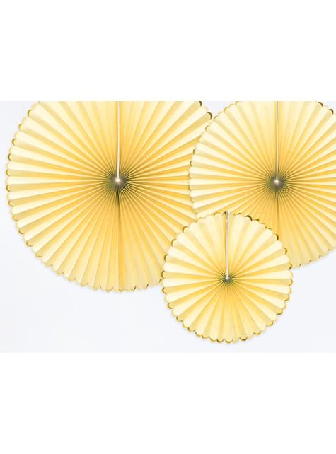 3 abanicos de papel decorativos amarillos con borde dorado - Yummy - Partydeco | Funidelia