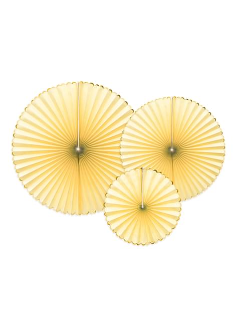 3 abanicos de papel decorativos amarillos con borde dorado - Yummy - Partydeco | Funidelia