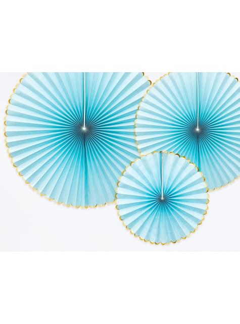 3 abanicos de papel decorativos azul cielo con borde dorado - Yummy - Partydeco | Funidelia
