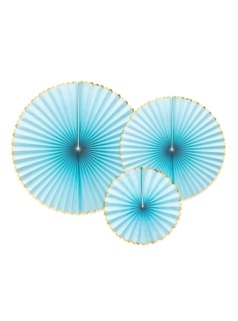 3 abanicos de papel decorativos azul cielo con borde dorado - Yummy - Partydeco | Funidelia
