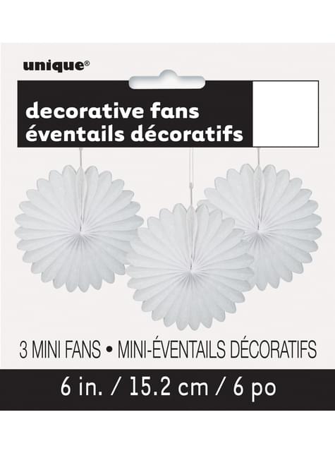 3 Abanicos de papel decorativos blancos (15,2 cm) - Línea Colores Básicos - Unique | Funidelia