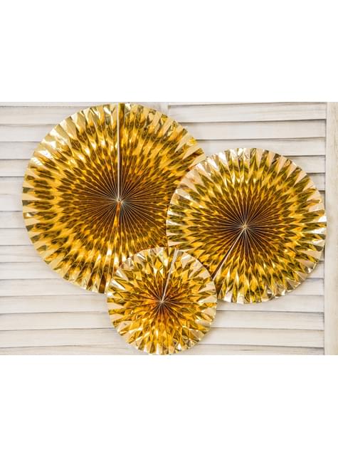 3 abanicos de papel decorativos dorados - Partydeco | Funidelia