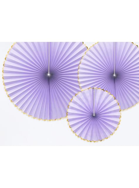 3 abanicos de papel decorativos lilas con borde dorado - Yummy - Partydeco | Funidelia