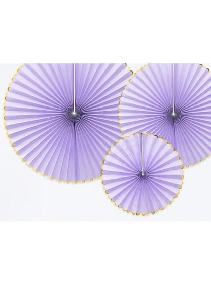 3 abanicos de papel decorativos lilas con borde dorado - Yummy - Partydeco | Funidelia
