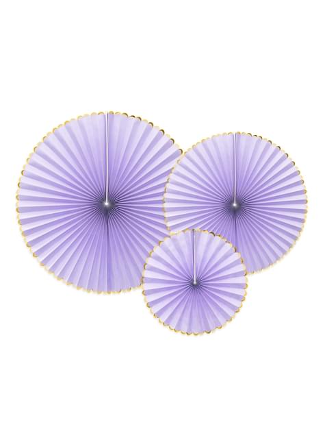 3 abanicos de papel decorativos lilas con borde dorado - Yummy - Partydeco | Funidelia