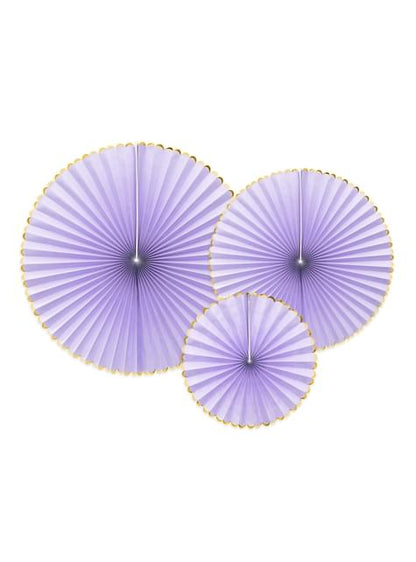 3 abanicos de papel decorativos lilas con borde dorado - Yummy - Partydeco | Funidelia