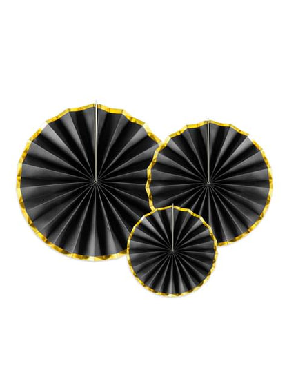 3 abanicos de papel decorativos negro con borde dorado - Partydeco | Funidelia