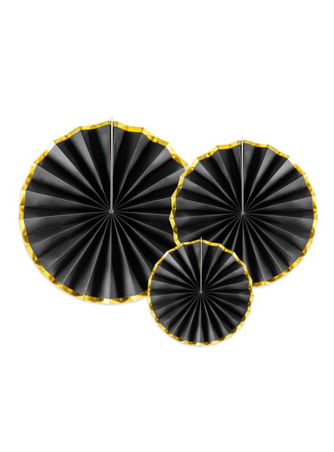 3 abanicos de papel decorativos negro con borde dorado - Partydeco | Funidelia