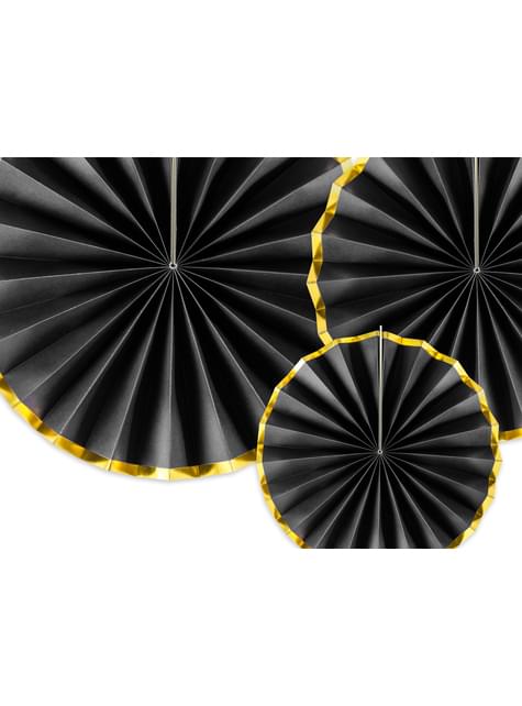3 abanicos de papel decorativos negro con borde dorado - Partydeco | Funidelia