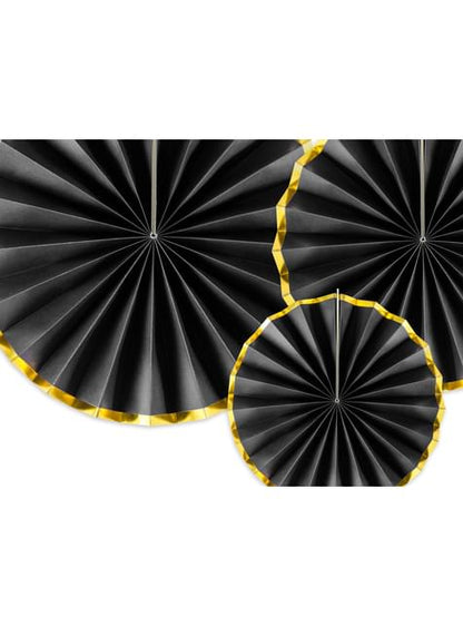 3 abanicos de papel decorativos negro con borde dorado - Partydeco | Funidelia