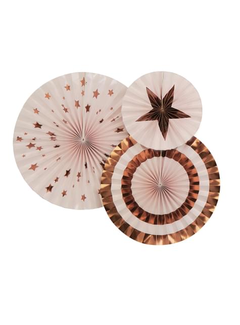 3 Abanicos de papel decorativos variados (21-26-30 cm) - Glitz & Glamour Pink & Rose Gold - Neviti | Funidelia