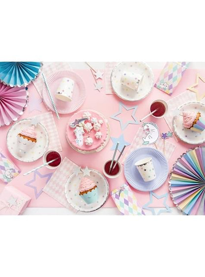 3 Abanicos de papel decorativos variados en tonos pastel y borde plateado (21-25-30 cm) - Unicorn - Partydeco | Funidelia