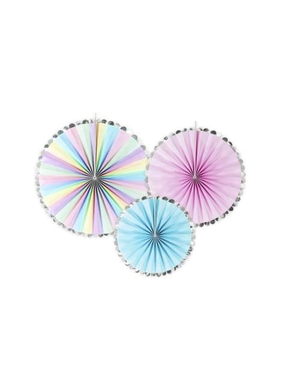 3 Abanicos de papel decorativos variados en tonos pastel y borde plateado (21-25-30 cm) - Unicorn - Partydeco | Funidelia