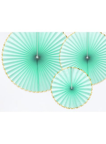 3 abanicos de papel decorativos verde menta con borde dorado - Yummy