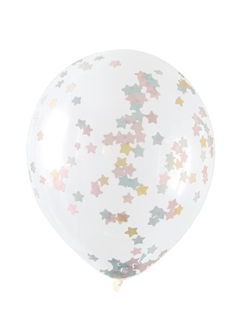 5 globos transparentes con confetti de estrella rosa, azul y dorados (30 cm) - Unique | Funidelia