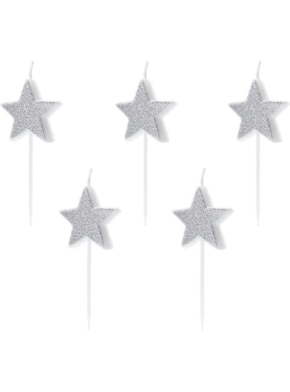 5 velas de estrellas con purpurina plateadas - Partydeco | Funidelia