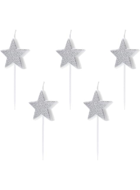 5 velas de estrellas con purpurina plateadas - Partydeco | Funidelia