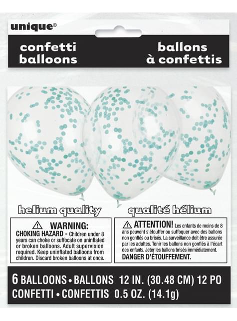 6 globos con confeti azul turquesa (30 cm) - Línea Colores Básicos