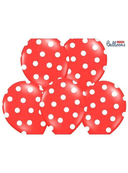 6 globos coral con topos blancos (30 cm)