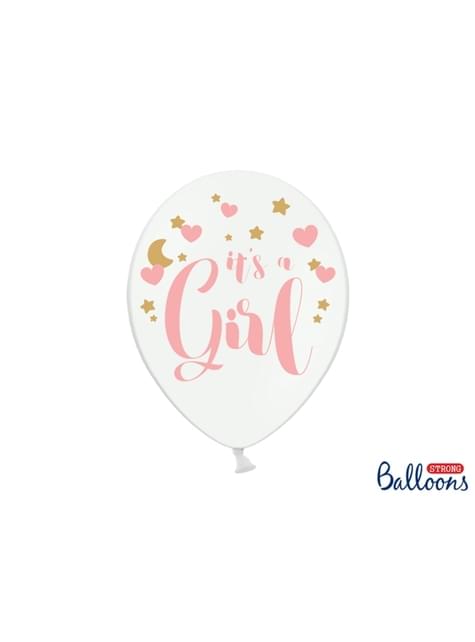 6 globos de látex “IT’S A GIRL“ Baby Shower blanco (30 cm)