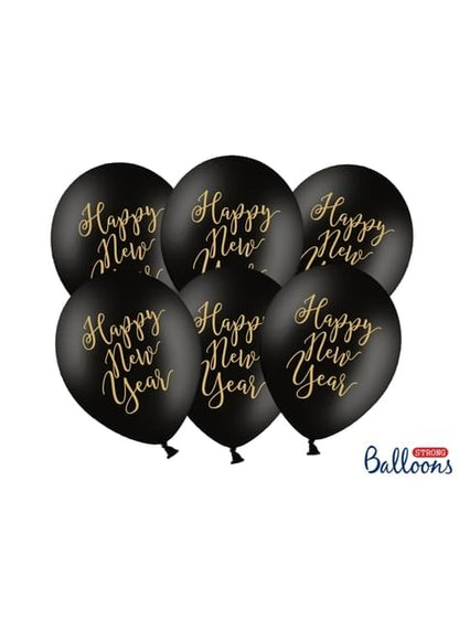 6 globos extra resistentes para nochevieja “HAPPY NEW YEAR“ negro y dorado (30 cm) - Partydeco | Funidelia