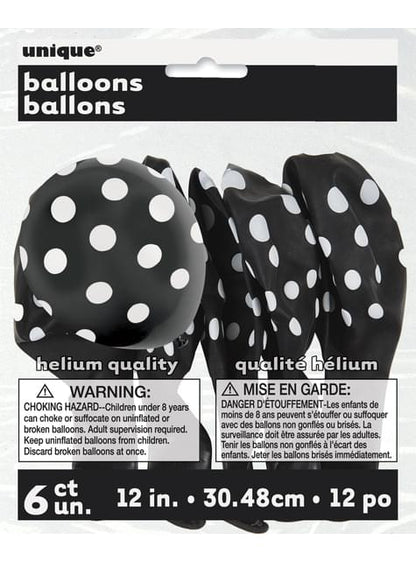 6 globos negros con topos blancos (30 cm) - Unique | Funidelia
