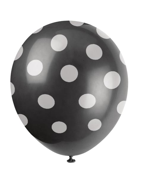 6 globos negros con topos blancos (30 cm) - Unique | Funidelia