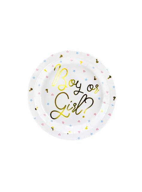 6 platos blancos con inscripción dorada “Boy or Girl?“ de papel (23 cm) - Gender Reveal Party - Partydeco | Funidelia