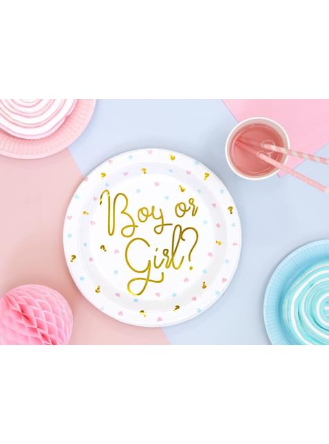 6 platos blancos con inscripción dorada “Boy or Girl?“ de papel (23 cm) - Gender Reveal Party - Partydeco | Funidelia