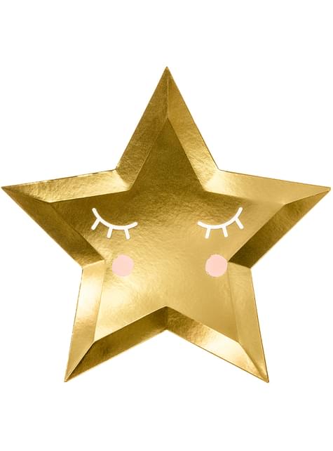 6 platos con forma de estrella con pestañas y coloretes (27cm) - Golden Sky - Partydeco | Funidelia