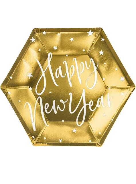 6 platos Fin de Año Happy New Year dorados (20 cm) - Jolly New Year