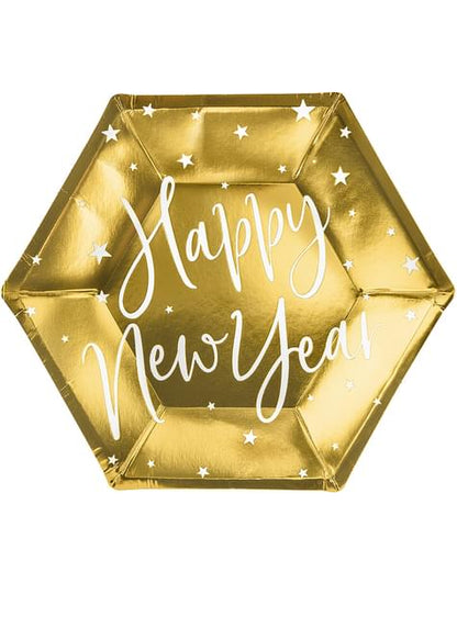6 platos Fin de Año Happy New Year dorados (20 cm) - Jolly New Year