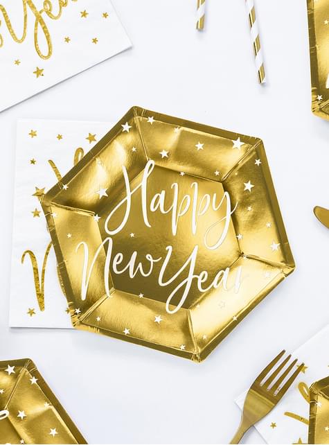 6 platos Fin de Año Happy New Year dorados (20 cm) - Jolly New Year
