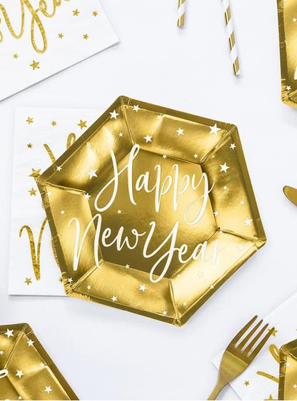 6 platos Fin de Año Happy New Year dorados (20 cm) - Jolly New Year