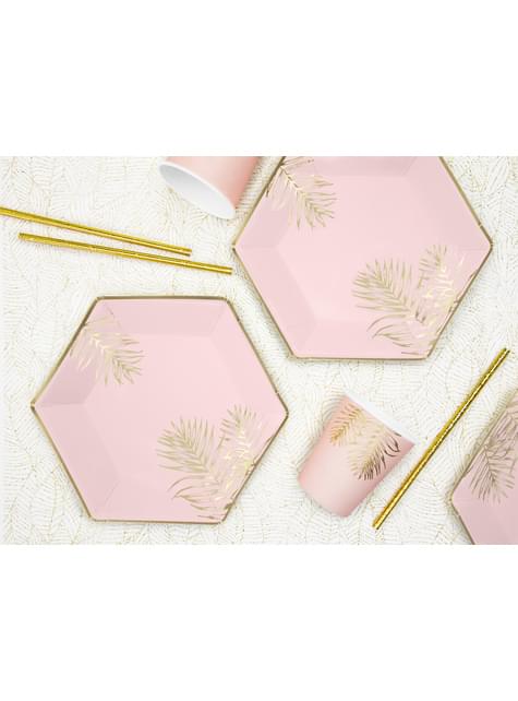 6 platos pentagonales rosas con hojas doradas de papel (23 cm) - Partydeco | Funidelia