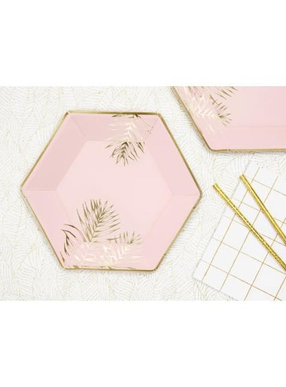6 platos pentagonales rosas con hojas doradas de papel (23 cm) - Partydeco | Funidelia