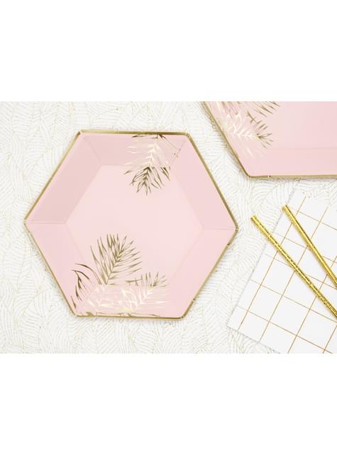 6 platos pentagonales rosas con hojas doradas de papel (23 cm) - Partydeco | Funidelia