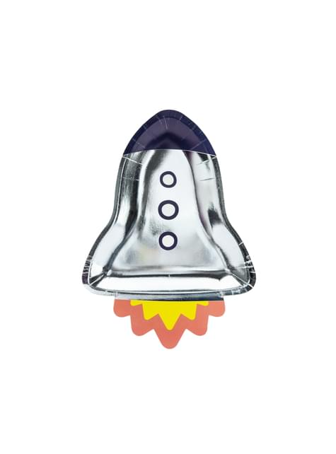 6 platos plateados con forma de cohete de papel (21,5x29,5 cm) - Space Party - Partydeco | Funidelia