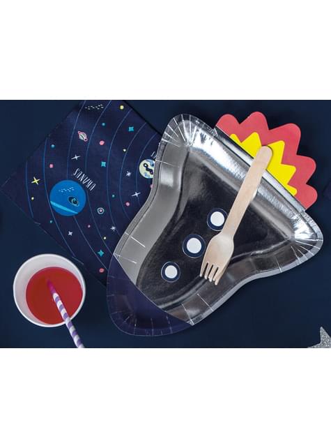 6 platos plateados con forma de cohete de papel (21,5x29,5 cm) - Space Party - Partydeco | Funidelia